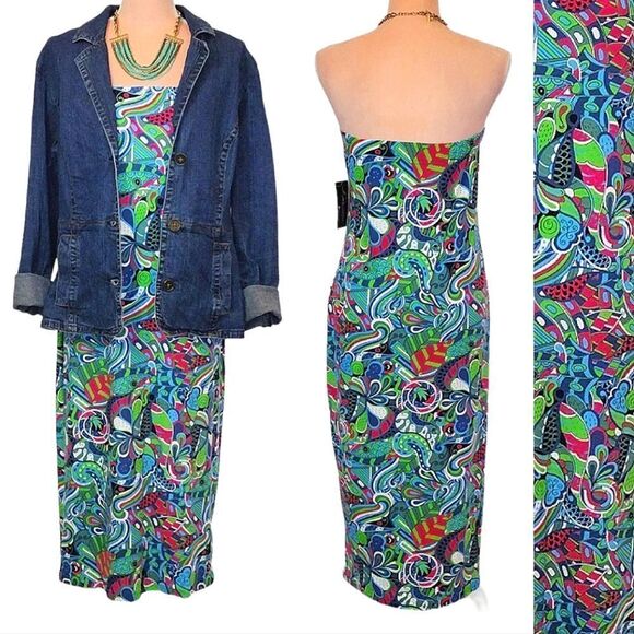 Green Colorful Psychedelic Strapless Bodycon Midi Dress Plussize 1XL NWT - Picture 1 of 16